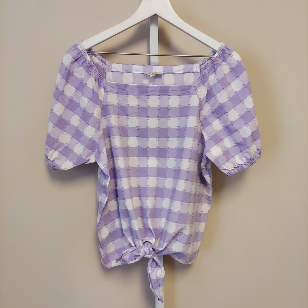LOFT Purple‎ White Gingham Puff Sleeve Tie Front Cropped Blouse Top L Preppy